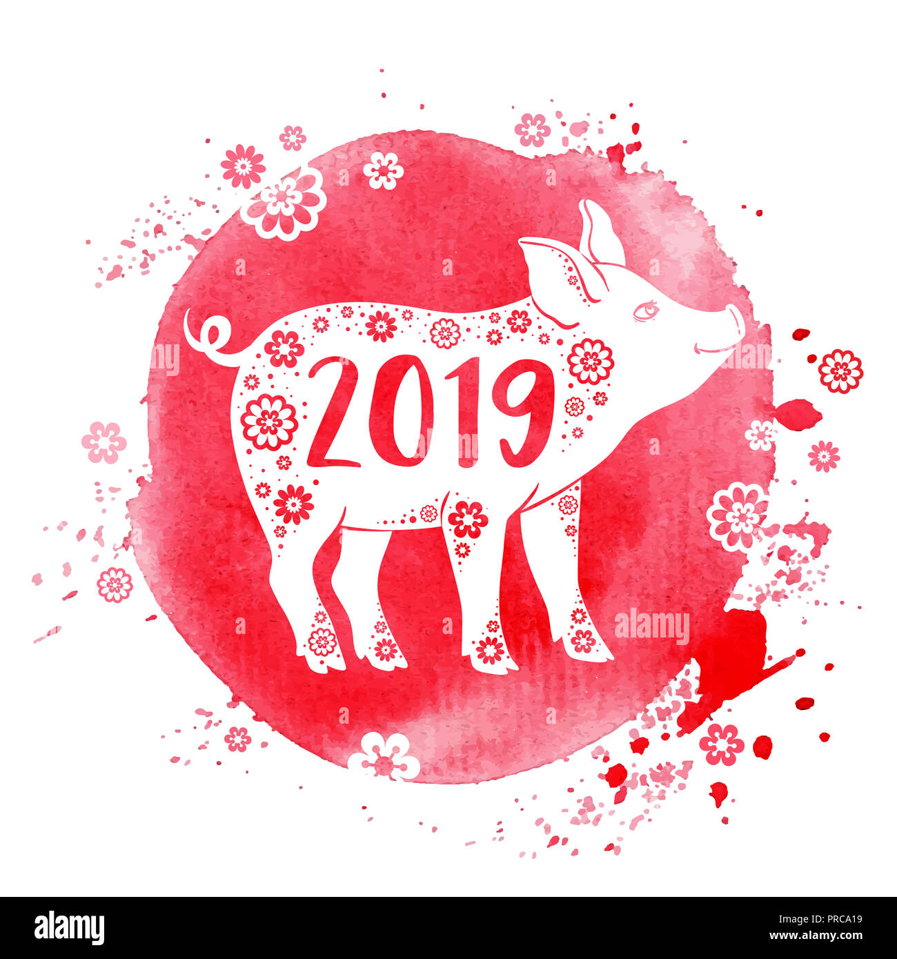 Nettes Schwein Symbol des chinesischen Tierkreises für 2019 Das neue Jahr. Silhouette von Schwein auf ein rosafarbenes Aquarell Hintergrund. Abbildung gezeichnet Stockfoto