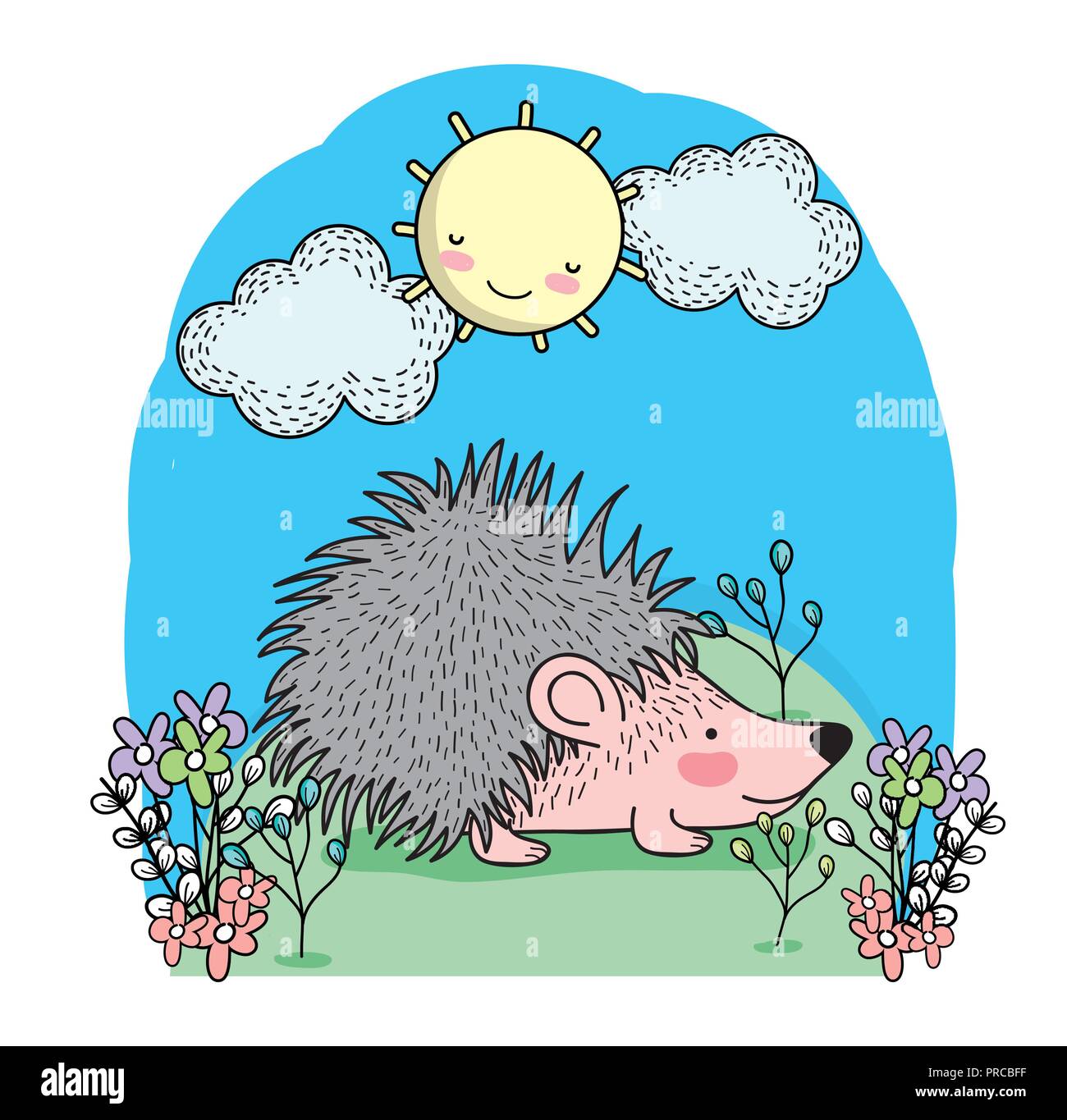 Cute porcupine mit Happy Sonne und Wolken Stock Vektor