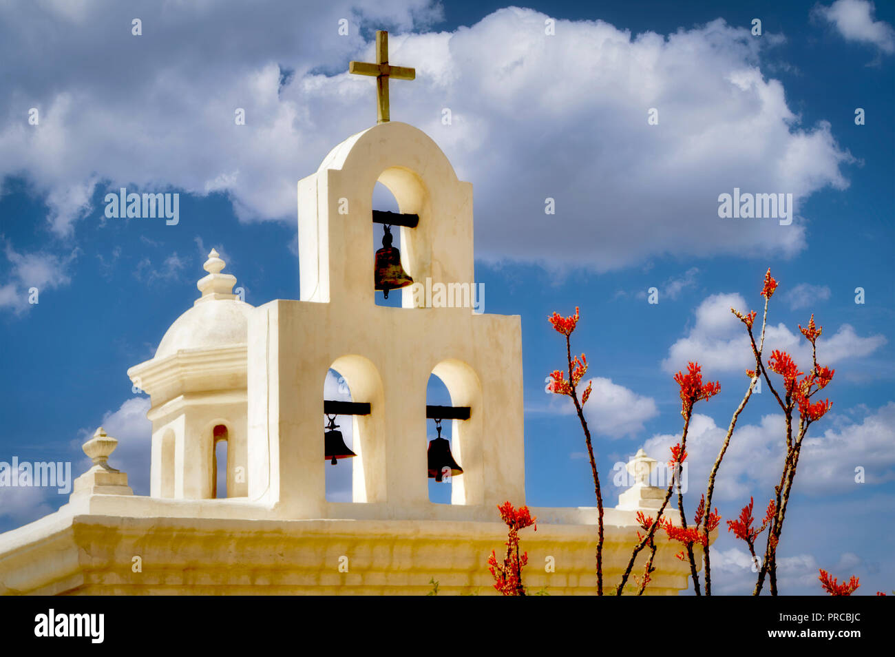Mission San Xavier del Bac Kapelle mit Ocotillo blühen. Arizona Stockfoto