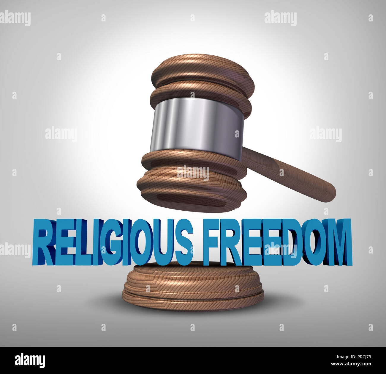 Religionsfreiheit rechtlichen Schutz von Religion und Recht Beratung Konzept als Hammer oder Richter Mallet aus einem Urteil oder staatliche Gesetzgebung. Stockfoto
