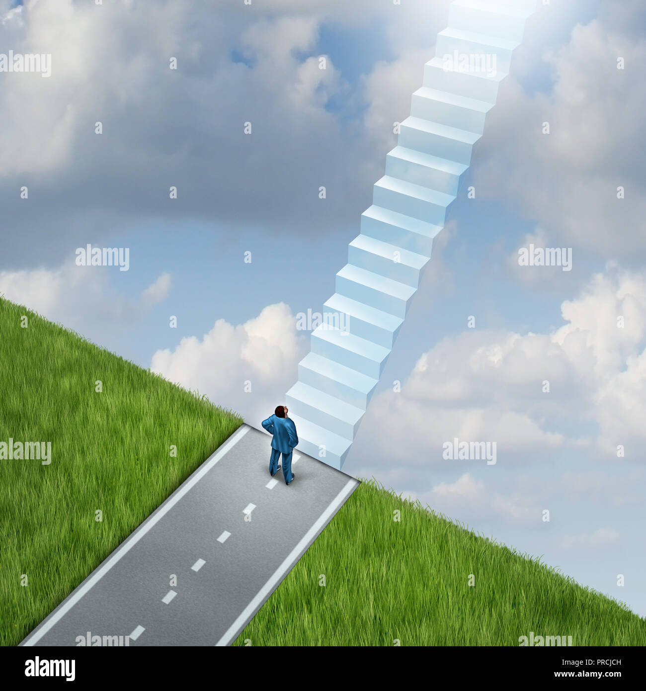 Pfad zum Himmel wie eine Treppe zu Spiritualität und Glauben oder friedliche Ewigkeit Symbol mit 3D-Illustration Elemente. Stockfoto