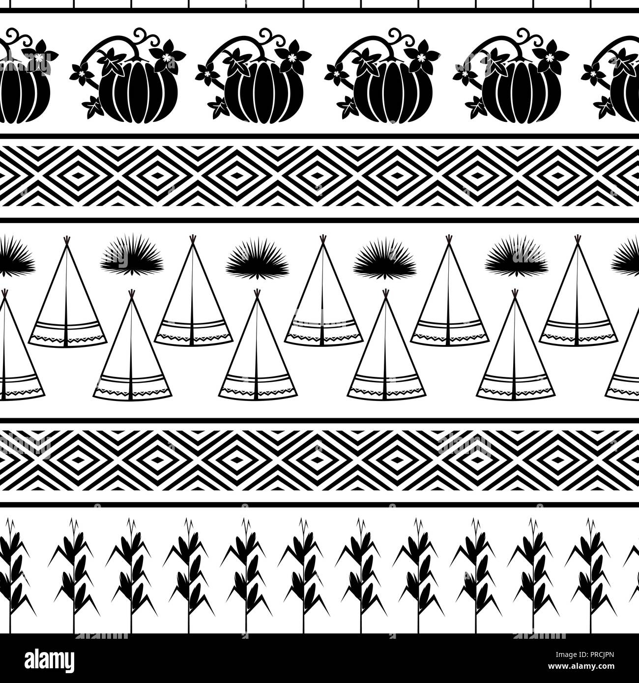 Indische Thema Grafik iseamless Muster für Thanksgiving Day. Tipi, Kürbisse und Mais. Stilvolle Grußkarte mit Indianer Wigwam und bountif Stock Vektor