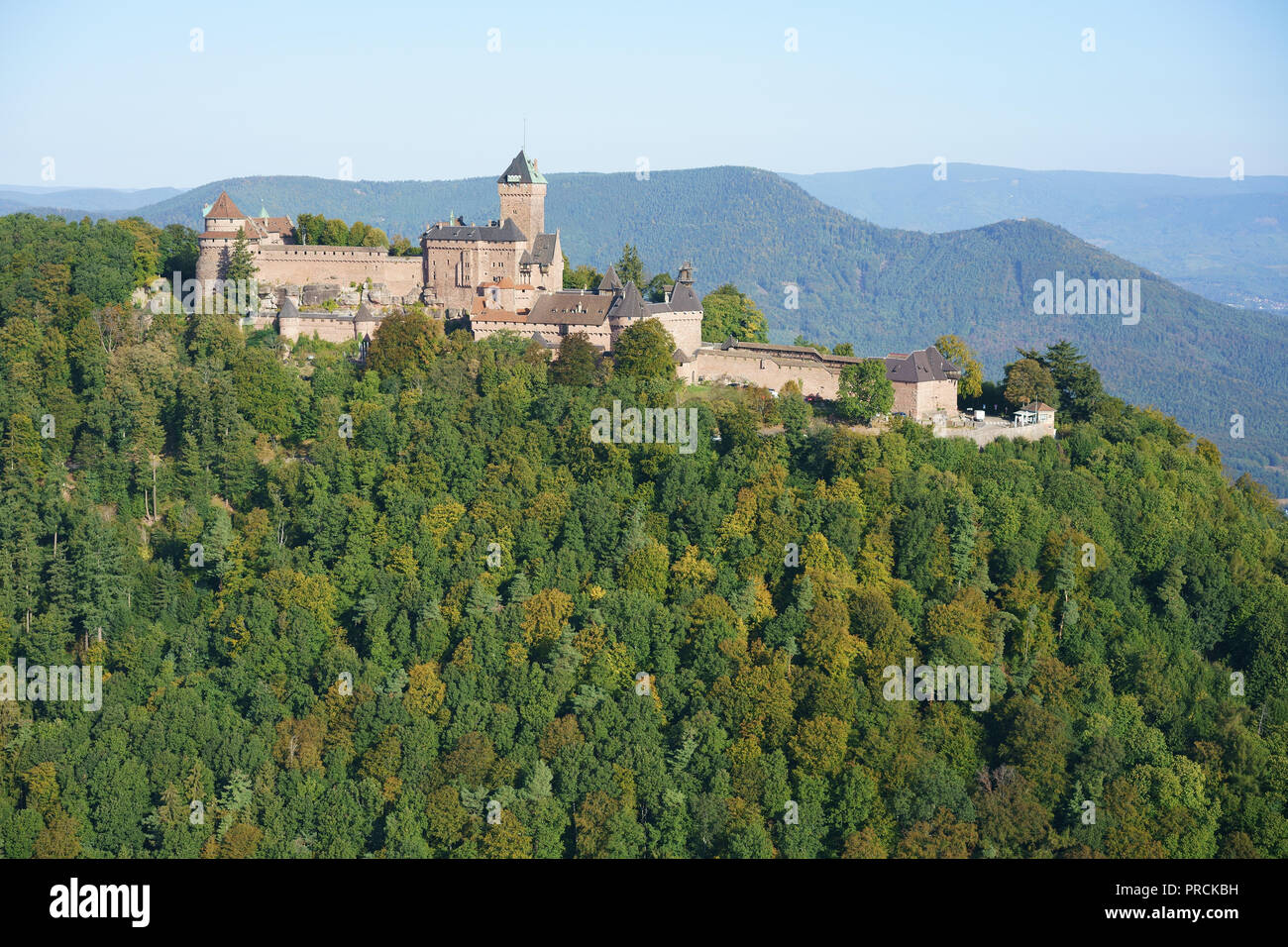 LUFTAUFNAHME. Rosa Sandstein mittelalterliche Burg auf einem bewaldeten Berggipfel. Burg Haut-Koenigsbourg, Orschwiller, Bas-Rhin, Elsass, Grand Est, Frankreich. Stockfoto