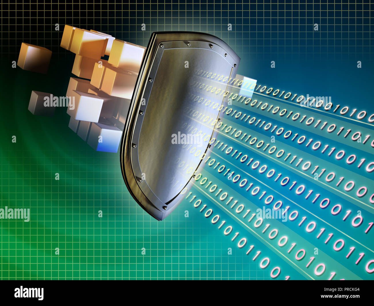 Blechschutz zum Schutz wertvoller Daten vor externen Angriffen. Digitale Illustration. Stockfoto