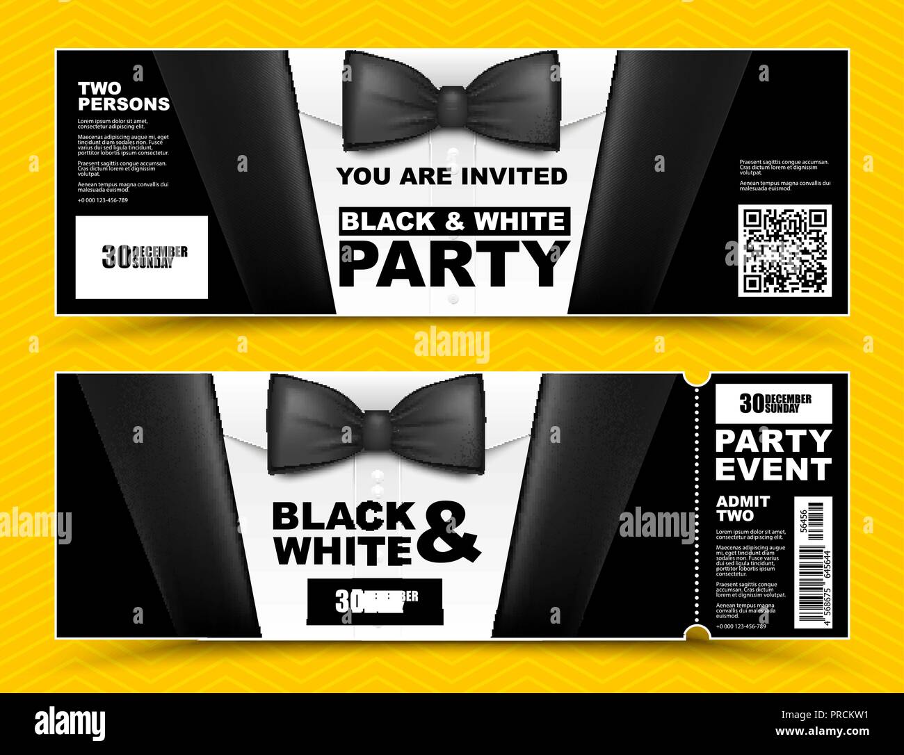 Vektor horizontale schwarze und weiße Einladungen. Schwarze Fliege Geschäftsleute Banner. Elegante Party ticket Karte mit schwarzen Anzug und weißes Hemd Stock Vektor