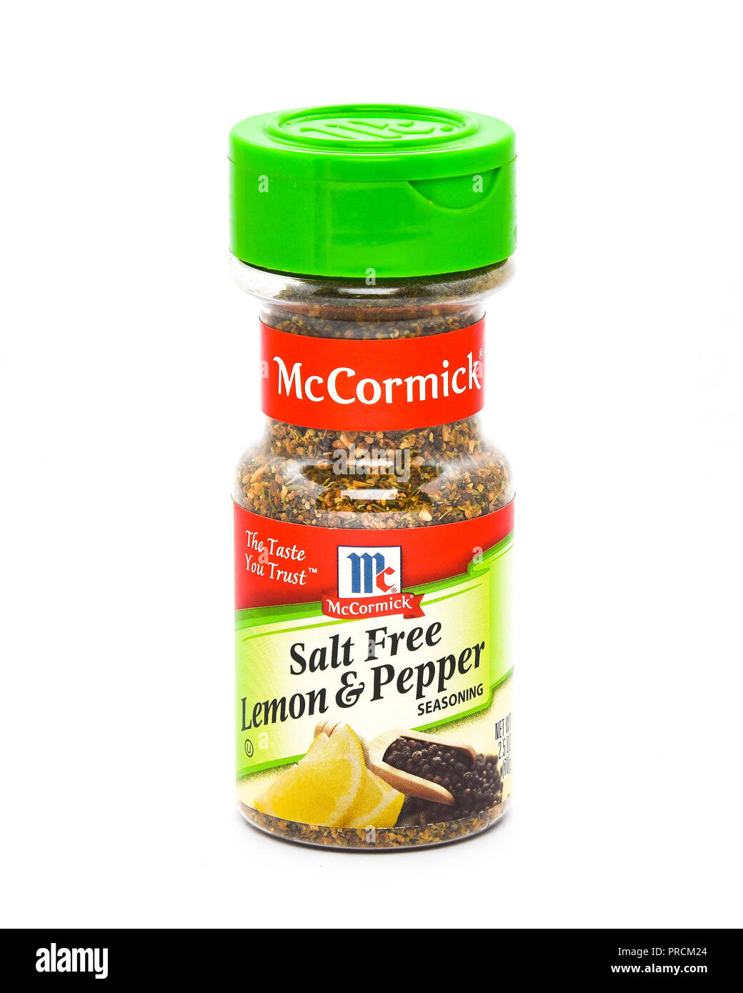Eine Flasche McCormick's Kostenlose Zitrone Salz & Pfeffer würzen. Stockfoto
