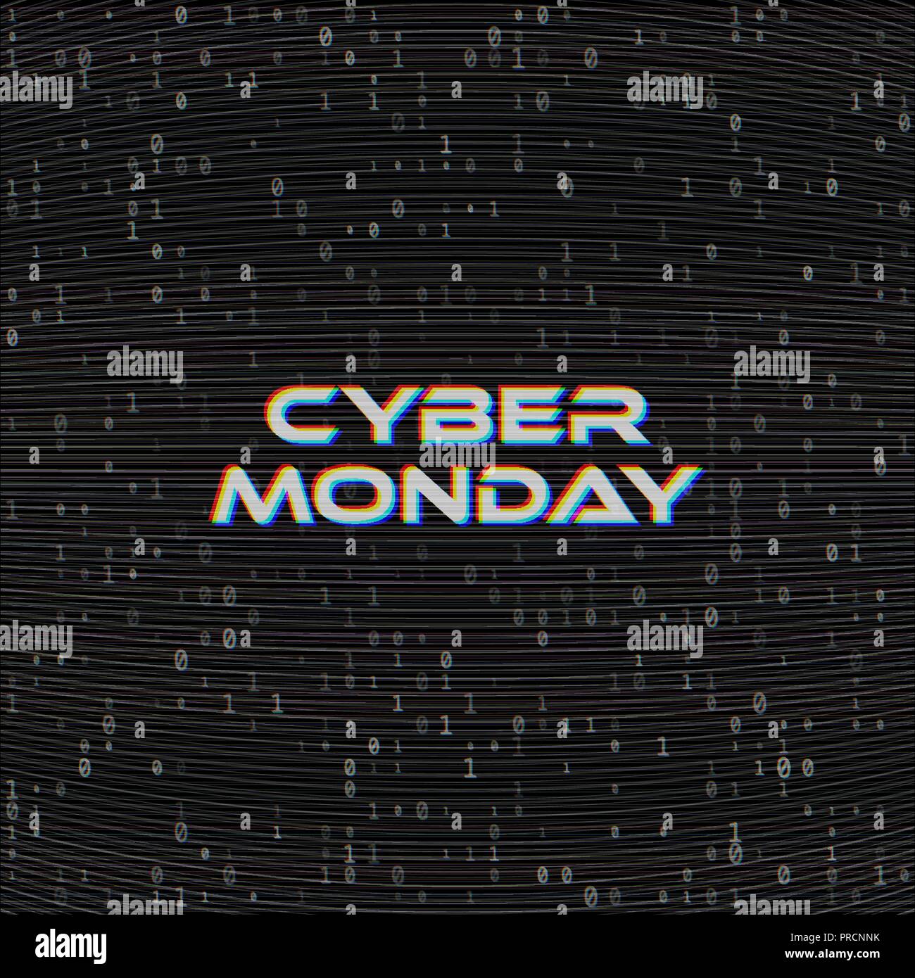 Vektor Cyber Monday Verkauf web Banner auf binären Code dunklen Hintergrund. Online Web shopping Daten Konzept. Computer zahlen 1,0. Analog TV Panne Moire Stock Vektor