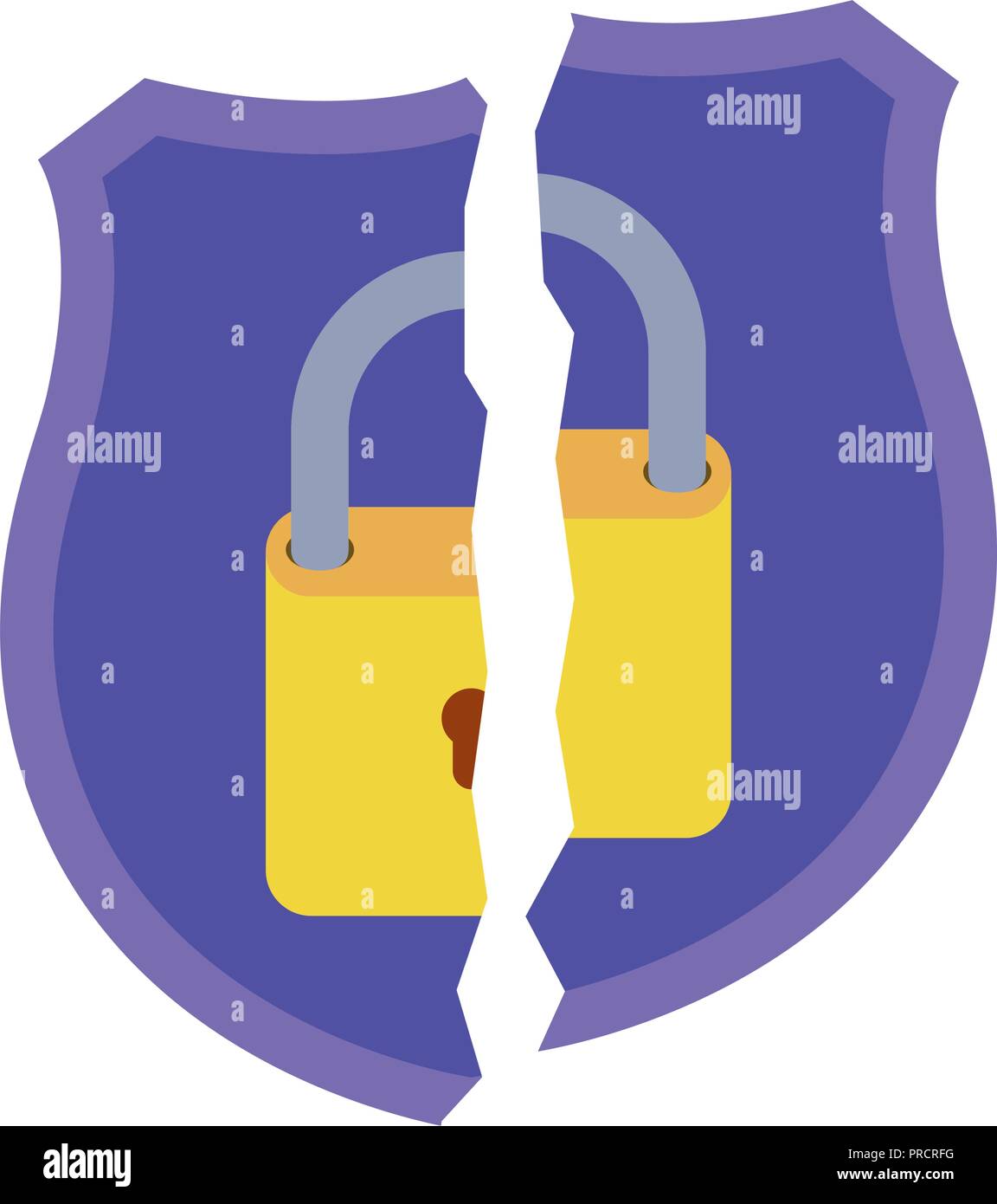 Schild mit gebrochenen Vorhängeschloss isoliert Symbole Stock Vektor