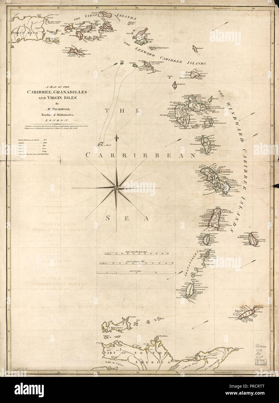 Vintage Karten/Antique Maps - eine Karte der Karibik, Granadilles und Virgin Islands Ca. 1779 Stockfoto