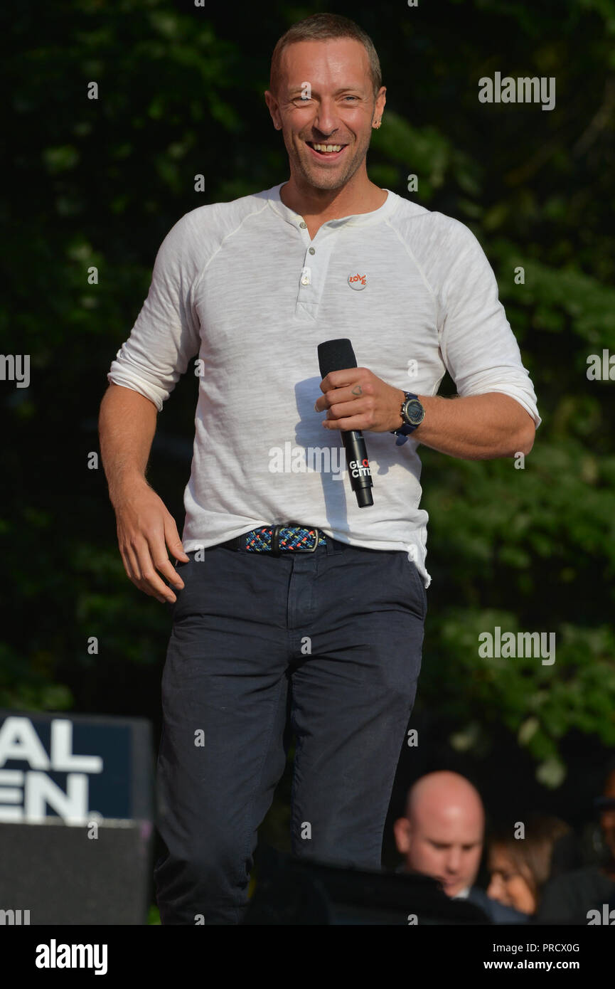 Chris Martin auf der Bühne während des Global Citizen Konzert 2018 im Central Park, große Liegewiese am 29. September 2018 in New York City. Stockfoto