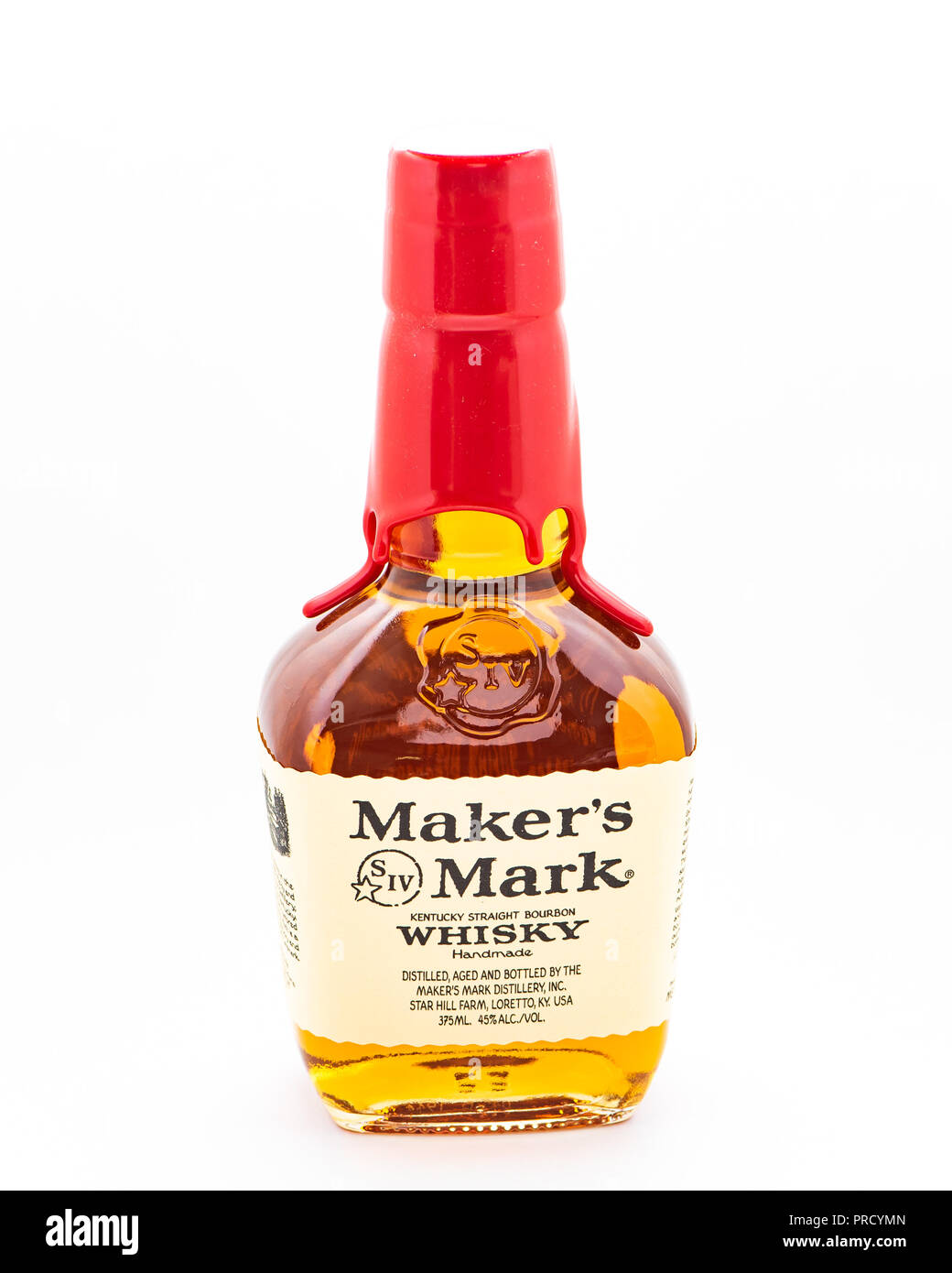 Eine versiegelte Flasche Maker's Mark Kentucky straight Bourbon Whisky. Stockfoto