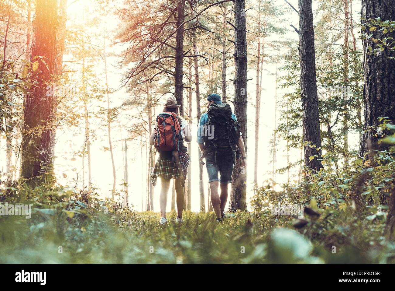Schwierige Route. Schöne junge Paar wandern gemeinsam in den Wald, während Ihre Reise genießen. Stockfoto