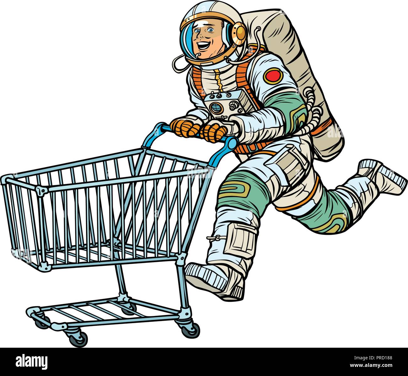 Astronaut in der Store mit einem Warenkorb. Auf weiß Ba isolieren Stock Vektor