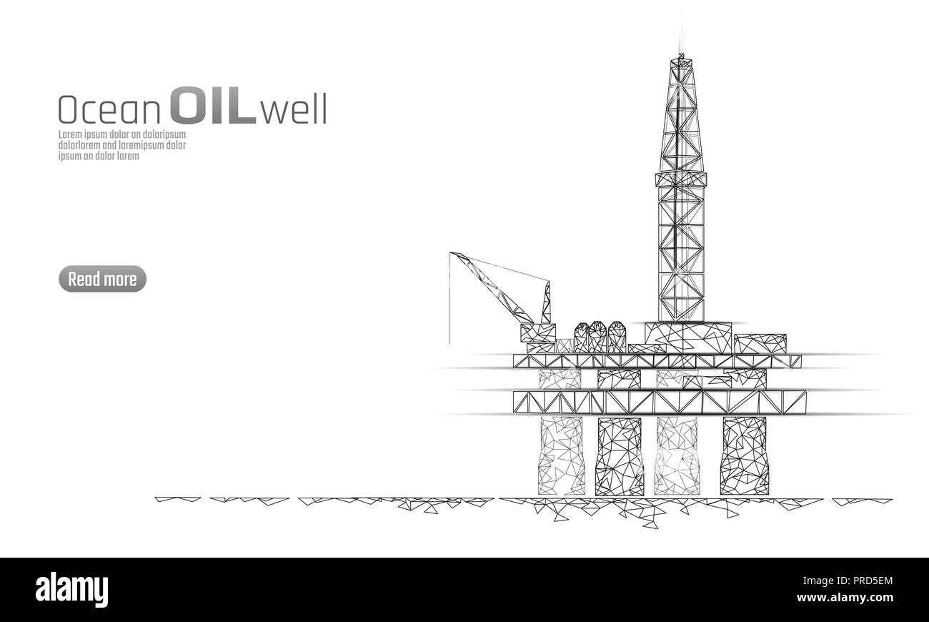 Ozean Öl Gas Bohranlage Low Poly Geschäftskonzept. Finanzen Wirtschaft polygonalen Benzin Produktion. Petroleum fuel industry offshore Extraktion ladebäumen Line Connection dots white Vector Illustration Stock Vektor