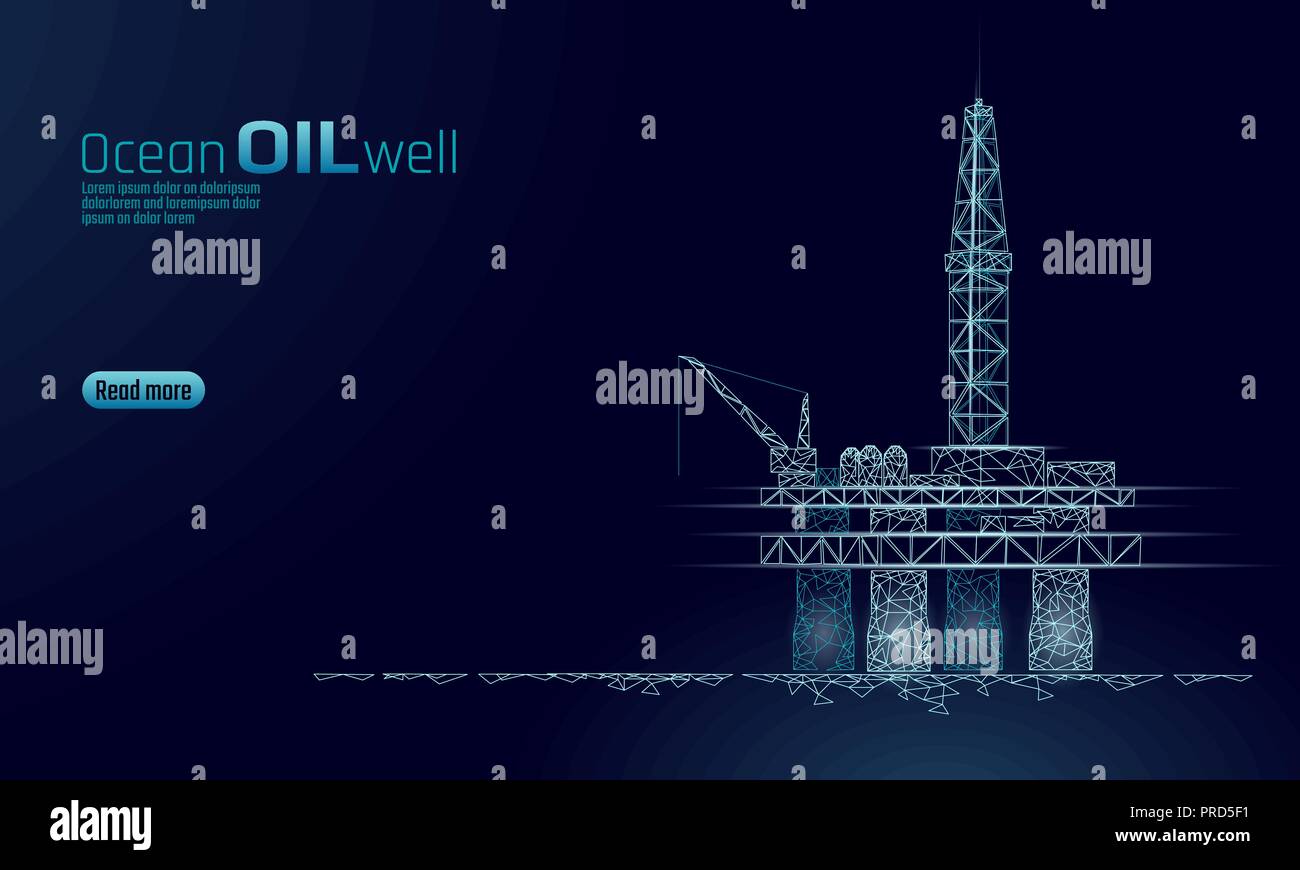 Ozean Öl Gas Bohranlage Low Poly Geschäftskonzept. Finanzen Wirtschaft polygonalen Benzin Produktion. Petroleum fuel industry offshore Extraktion ladebäumen Line Connection Dots blau Vector Illustration Stock Vektor