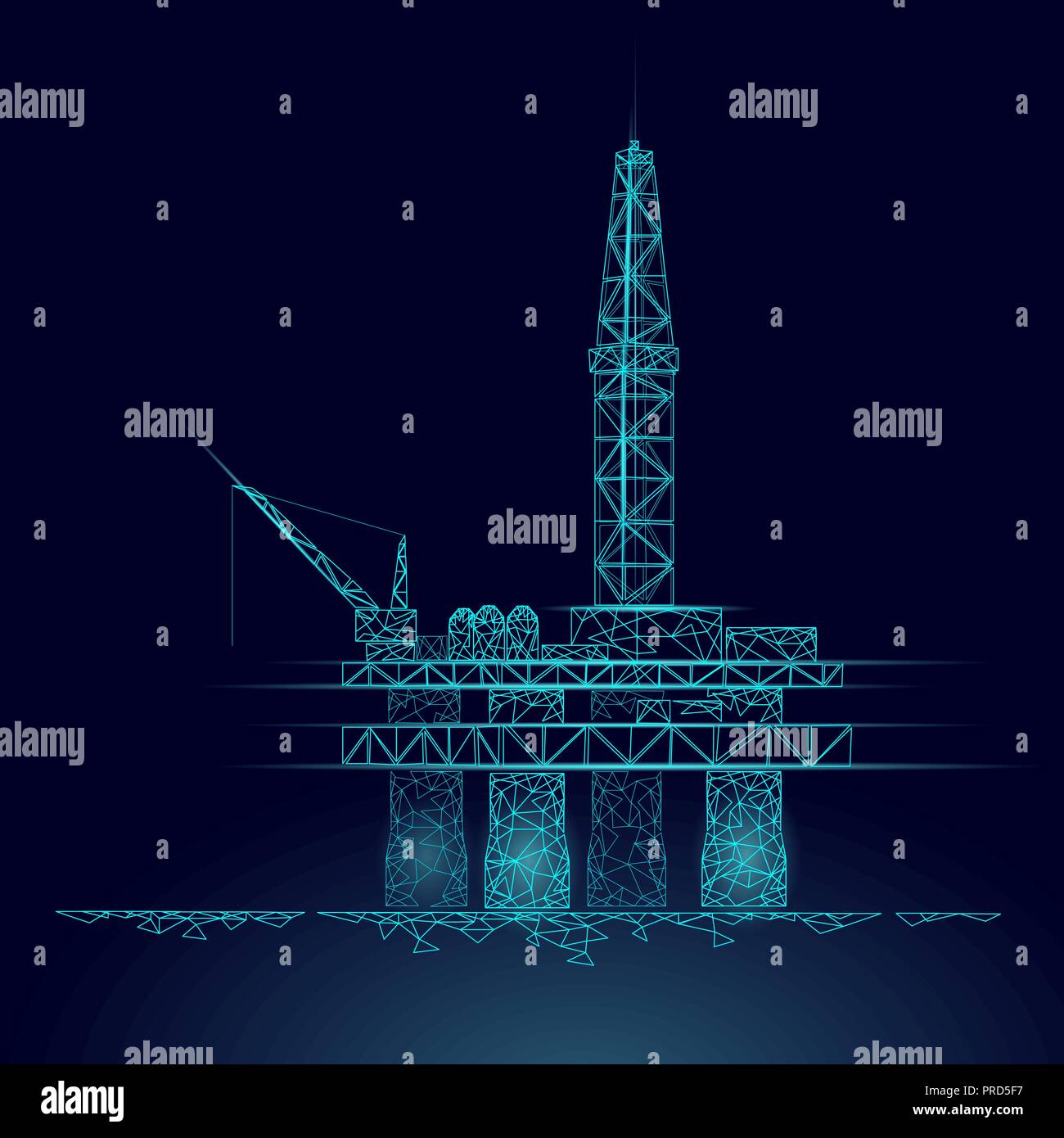 Ozean Öl Gas Bohranlage Low Poly Geschäftskonzept. Finanzen Wirtschaft polygonalen Benzin Produktion. Petroleum fuel industry offshore Extraktion ladebäumen Line Connection Dots blau Vector Illustration Stock Vektor