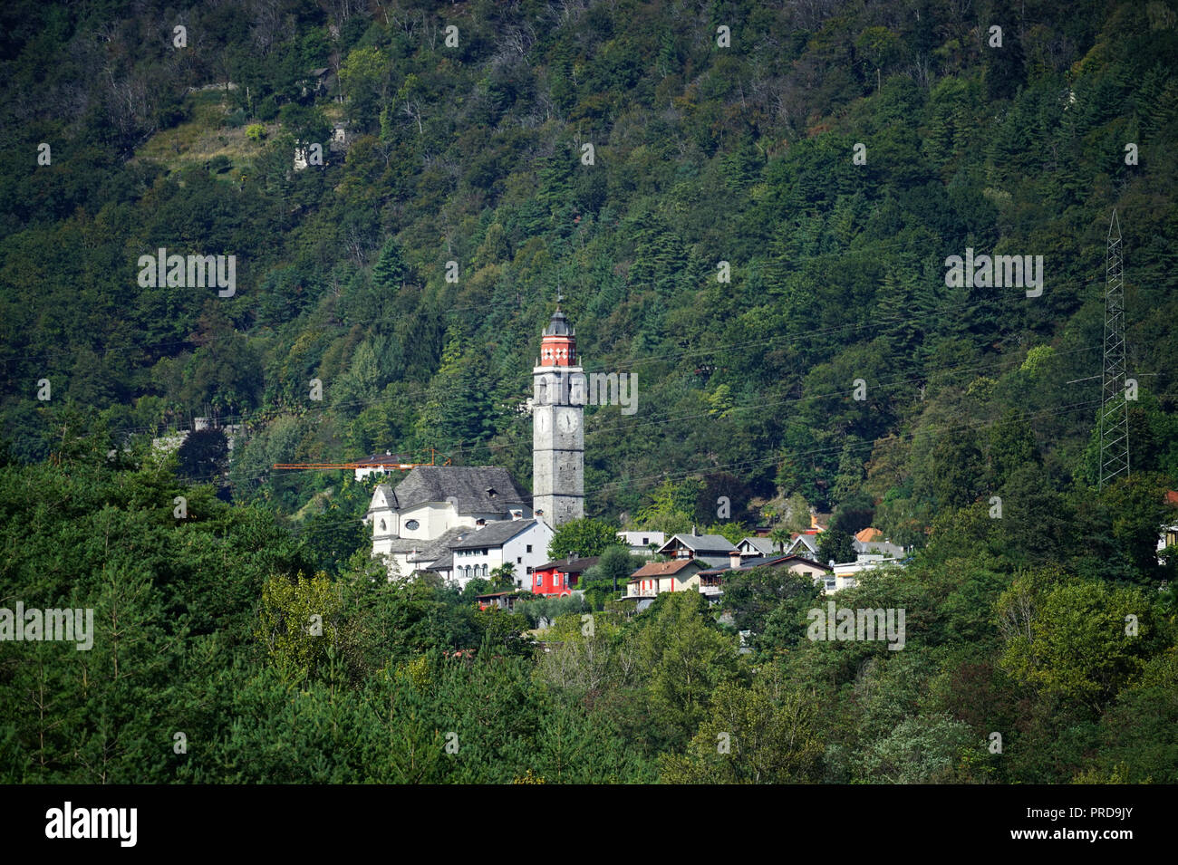 Stadt Verscio von Wald umgeben, Tessin, Schweiz Stockfoto