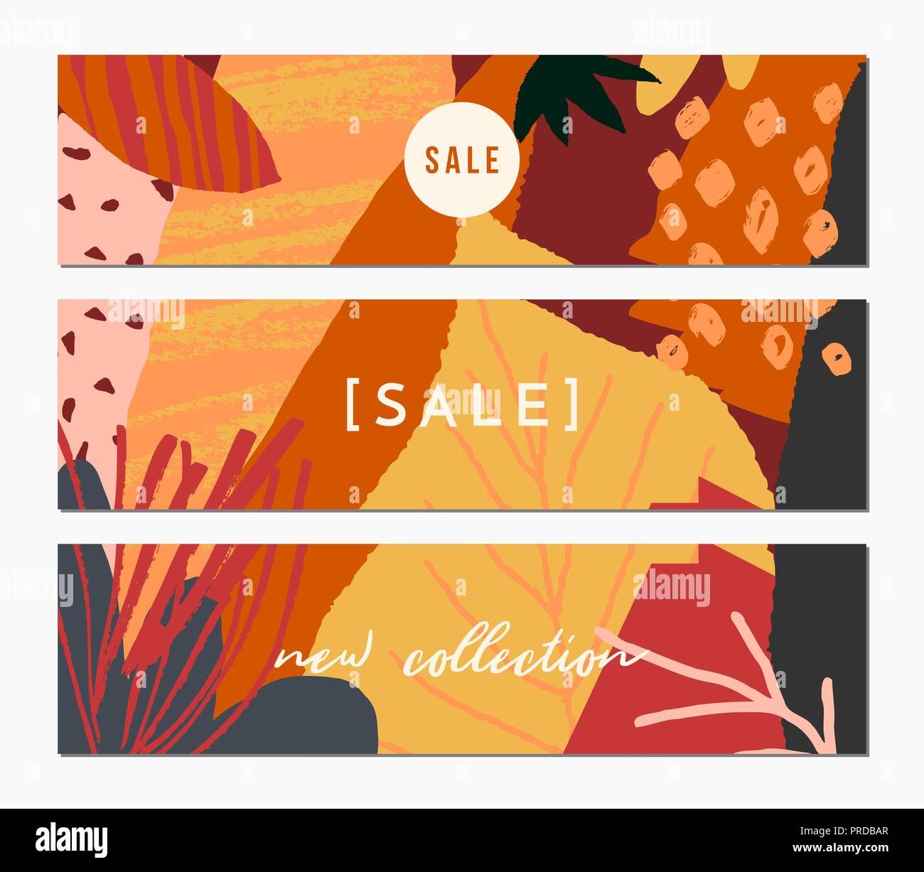 Herbst Sale Banner Design. Drei Banner mit abstrakten Formen und Blätter in Orange, Gelb, Pink, Rot und Braun. Herbst Angebote, Rabatt Karten, b Stock Vektor