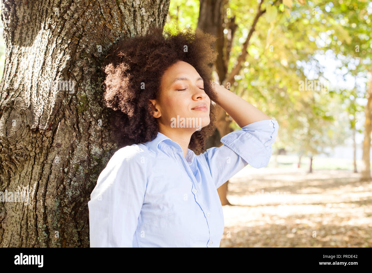 Outdoor Portrait von glücklich schöne afrikanische amerikanische Frau in der Natur, weibliche in blauen Shirts genießen Sie den Sommer Tag, lehnte sich auf Baum im Park, geschlossenen Augen Stockfoto