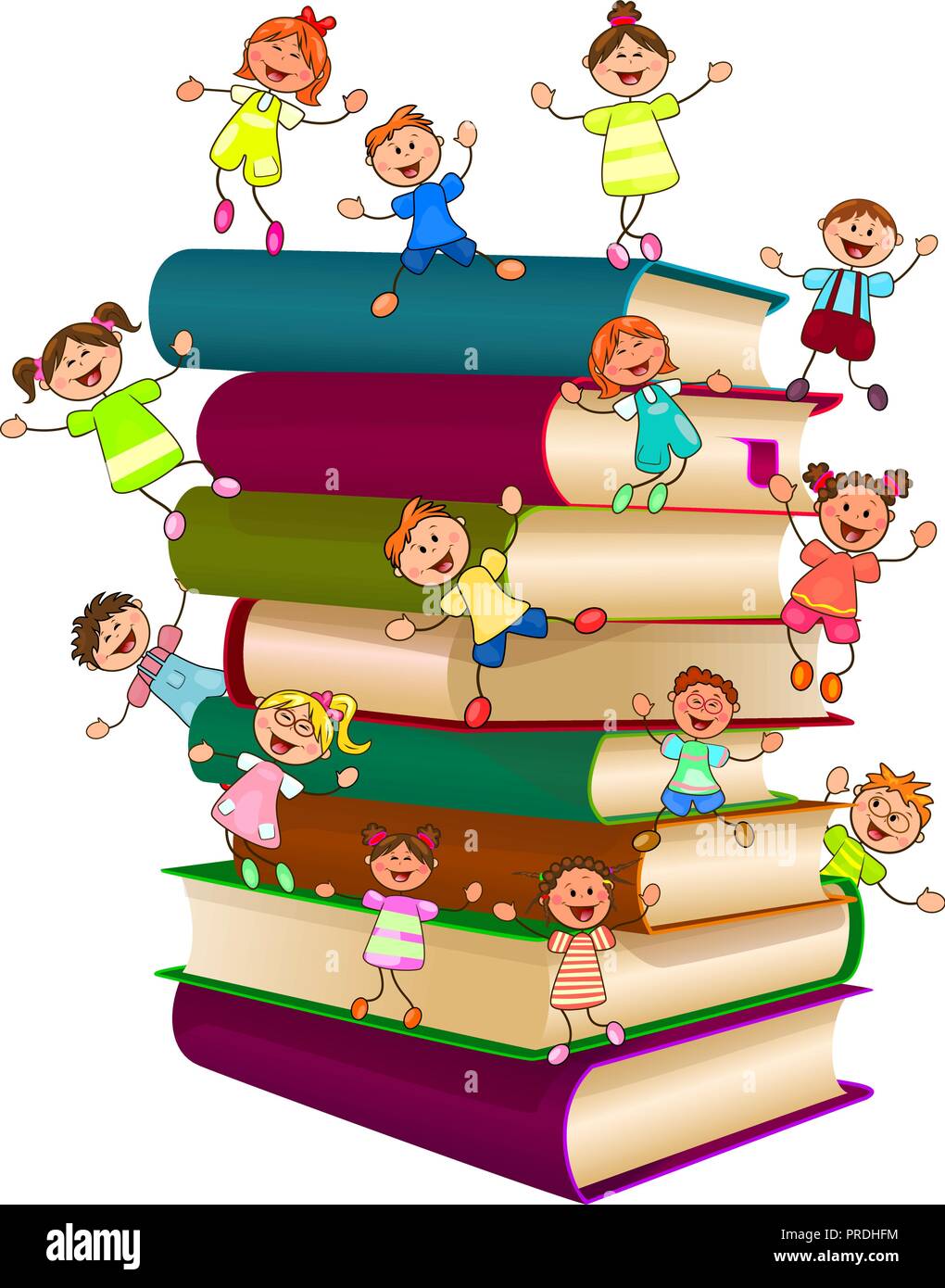 Die Kinder sind auf einem Stapel Bücher. Kinder und Bücher auf einem weißen Hintergrund. Stock Vektor
