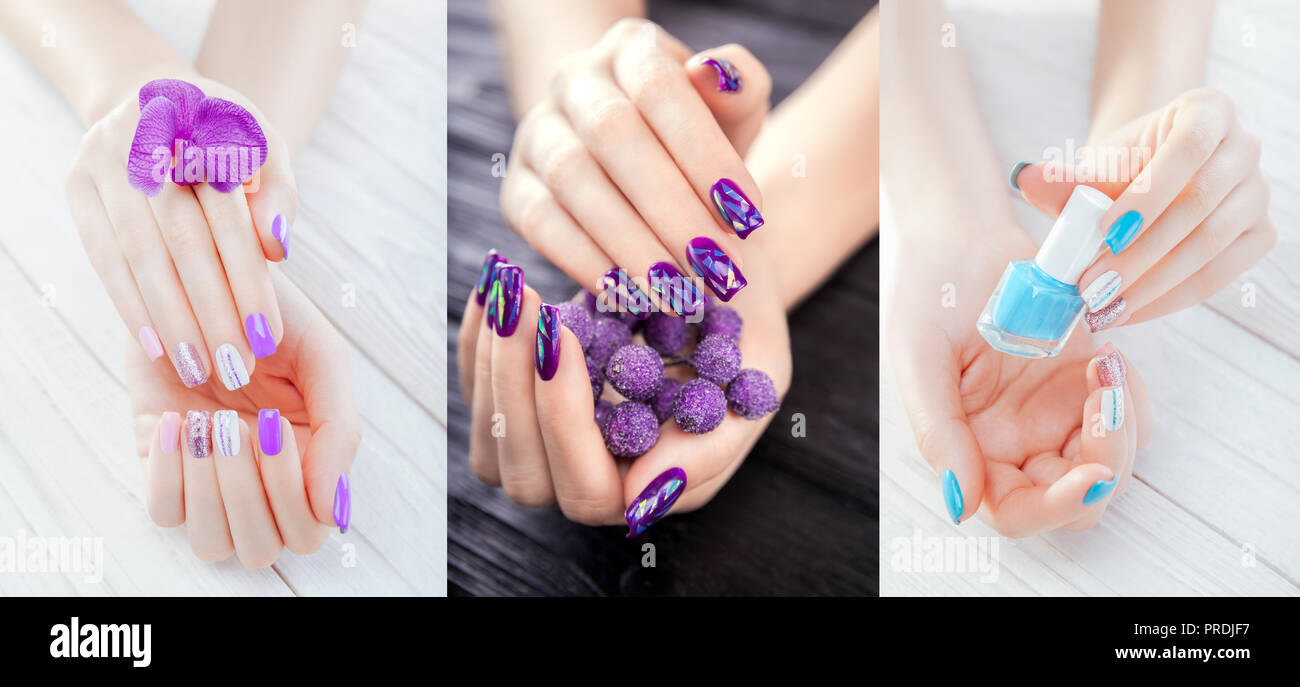 Drei verschiedene Maniküre Farben und Arten. Auswahl von Hell und Dunkel Violett mit funkelt und blauen Farben. Stockfoto