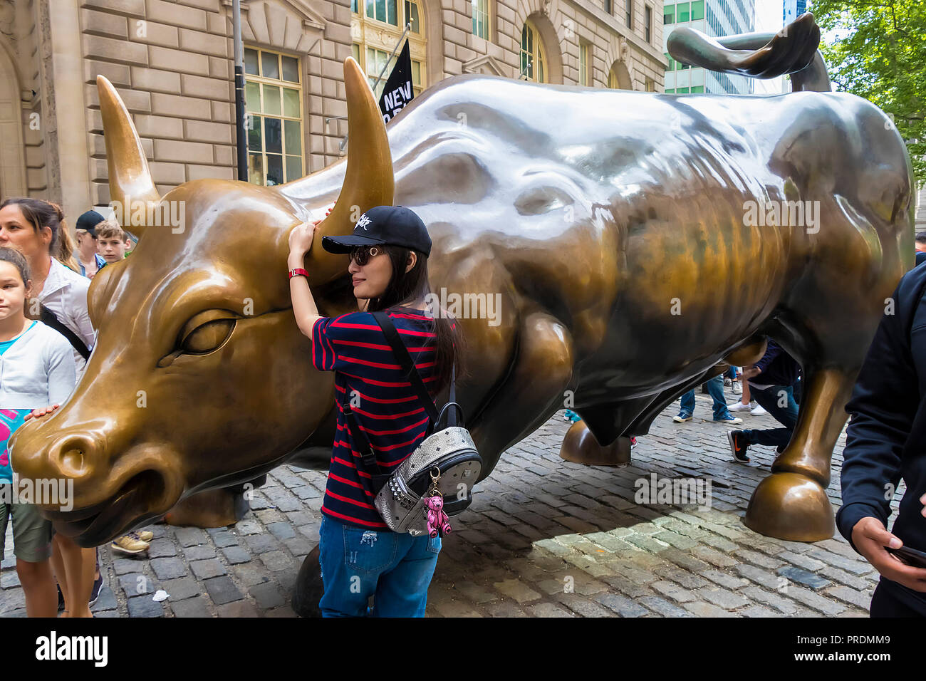 New York City, USA - Juni 8, 2017: Nicht identifizierte Frau beim Laden - Bull. Das Wahrzeichen wütenden Stier in Lower Manhattan repräsentiert die Stärke und Leistu Stockfoto