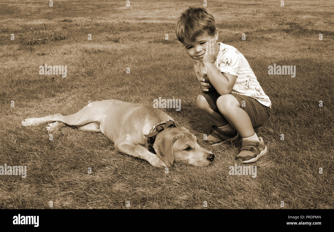 Der Junge von 4 Jahren sitzen auf Gras mit dem Welpen Hund. Das Kind hielt seine Hand mit seinem Gesicht. Sein Haustier liegt neben dem Besitzer und sieht thoughtfull Stockfoto