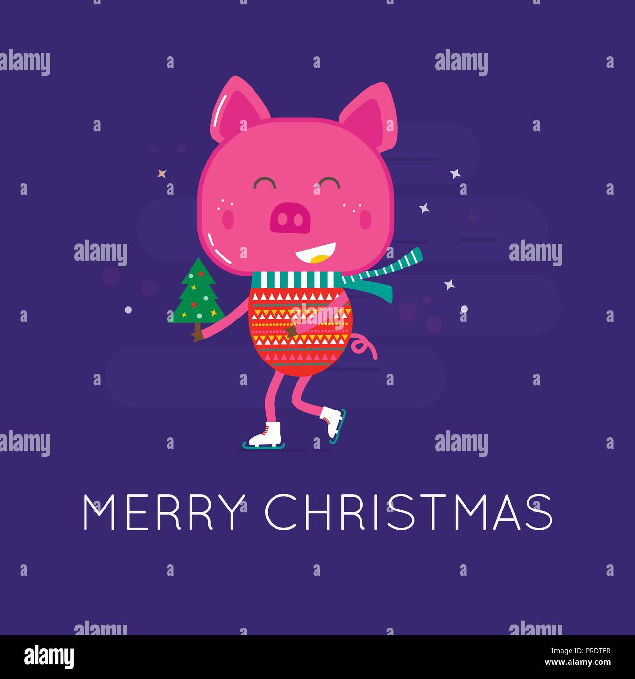 Frohe Weihnachten Grußkarten mit niedlichen Tiere: Schwein. Piggy, in einem Mantel mit Schal und Baum. Flat Style von Icons für präsentiert, Einladung, Kinder ro Stock Vektor