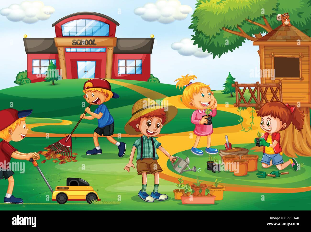 Gruppe von Kindern im Garten Abbildung Stock Vektor
