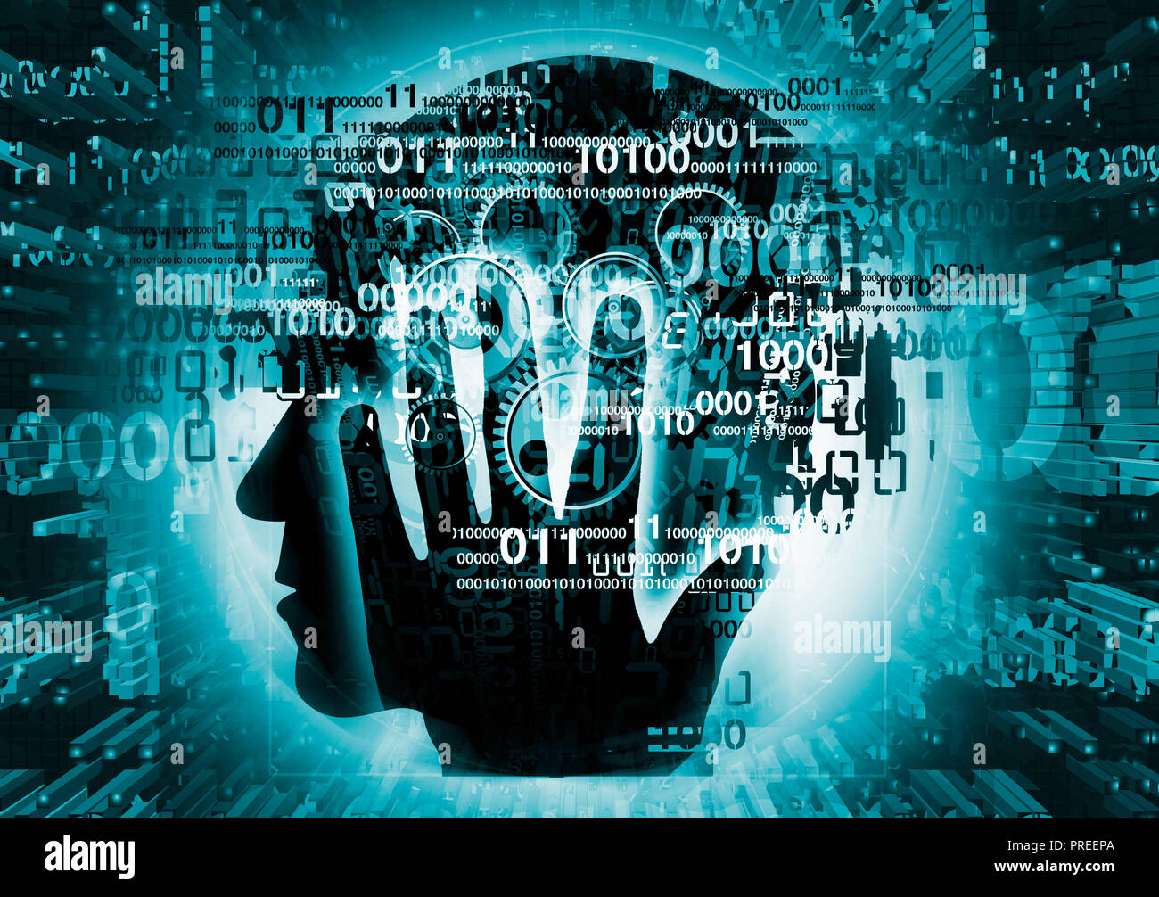Computer Experte, überarbeitete Mann. Männlicher Kopf, Programmierer, silhouette seinen Kopf Holding stilisiert, mit binären Codes und Gang. Stockfoto