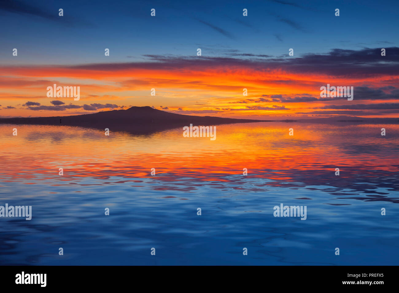 Rangitoto Island bei Sonnenaufgang, Auckland, Neuseeland, in den Gewässern des Golf von Hauraki wider. Stockfoto