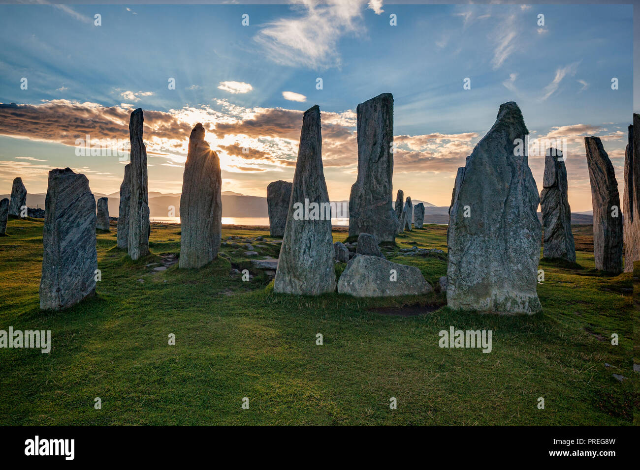 Herbstabend am Steinkreis von Callanish, Isle of Lewis, Western Isles, Äußere Hebriden, Schottland, UK Stockfoto