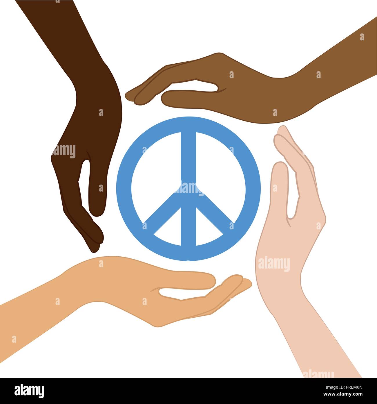 Peace Symbol in der Mitte der menschlichen Hände verschiedene Hautfarben Vektor-illustration EPS 10. Stock Vektor