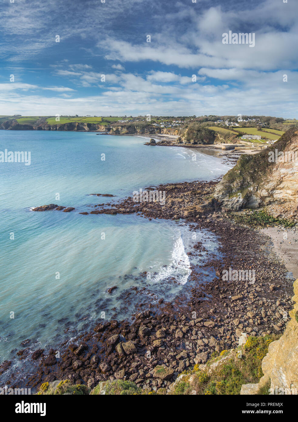 Küste Ansicht von Charlestown Hafen, Carlyon Bay, Cornwall Stockfoto