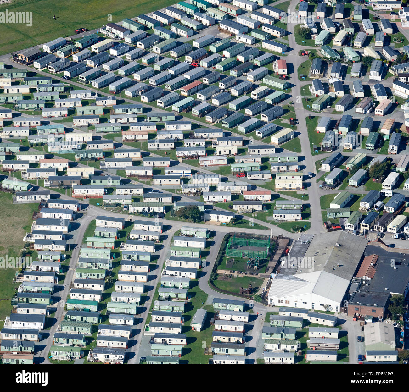 Eine Luftaufnahme einer mobilen Home Park, Morecambe, North West England, Großbritannien Stockfoto