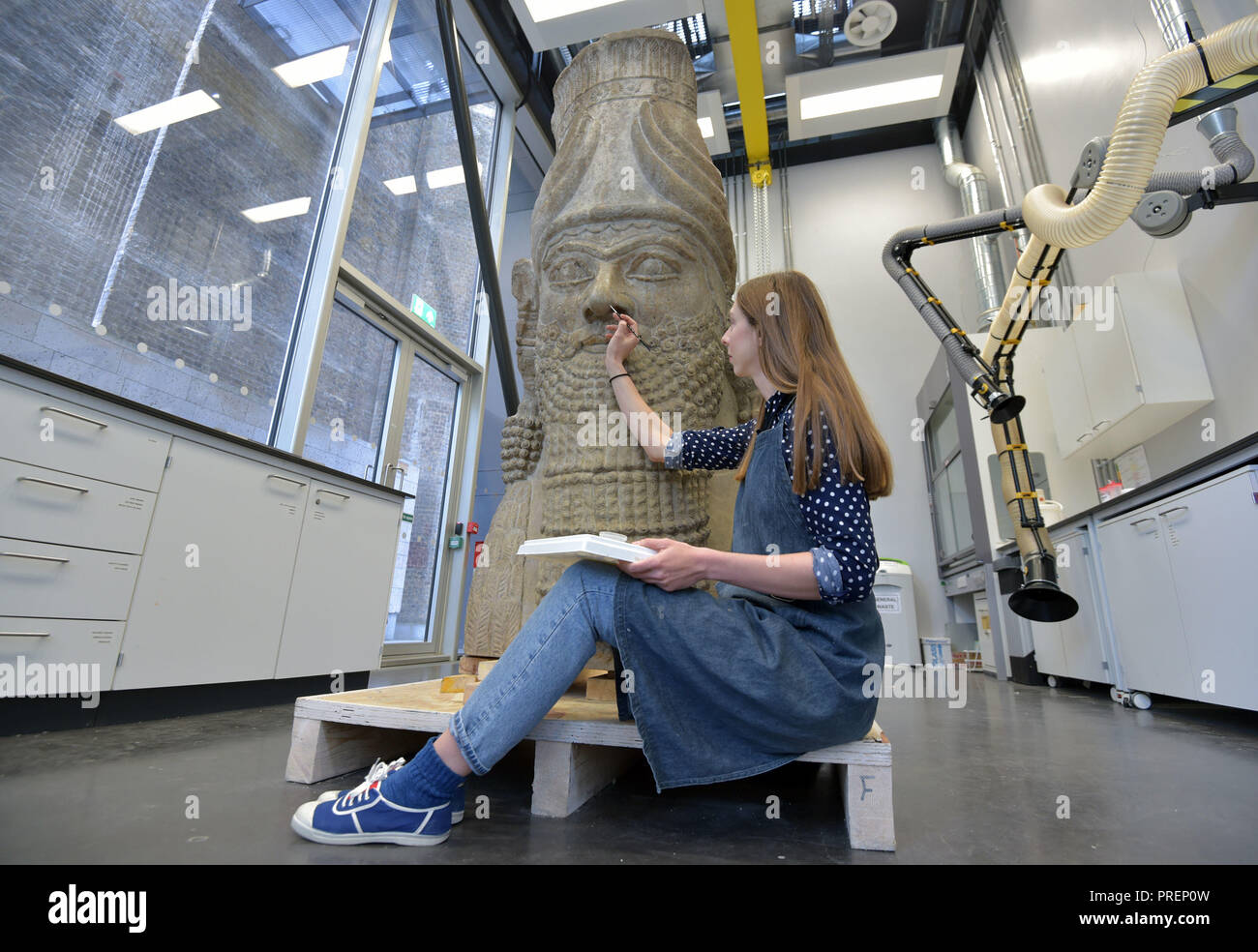 British Museum Stein Konservator Kasia Weglowska, bereitet ein Leiter einer Assyrischen geflügelten Stier, aus dem Palast von assurbanipal's Vater, Asarhaddon, Nimrud 670 BC. Der Kopf mit einem Gewicht von 1,8 Tonnen ist Teil der abschließenden Installationen für die ICH BIN Assurbanipal: König der Welt, der König von Assyrien, Ausstellung im British Museum, London, die am 8. November 2018 wird geöffnet. Stockfoto