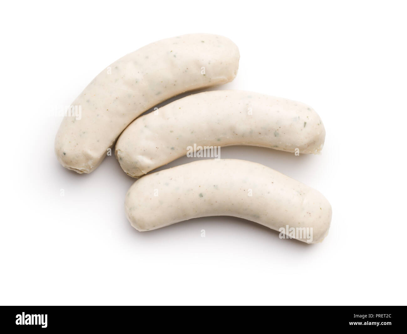 Die bayerische Weißwurst auf weißem Hintergrund. Stockfoto
