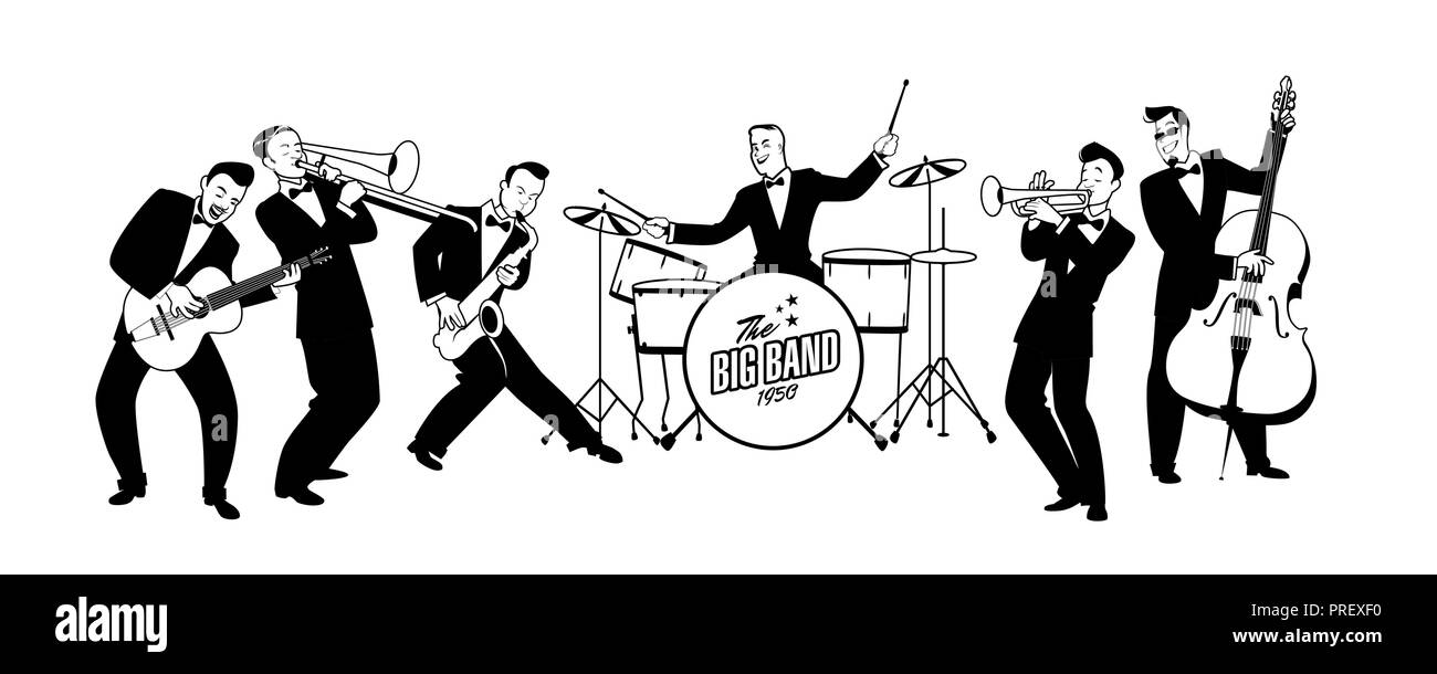 Jazz Swing Orchestra. Retro Style. Cartoon Vector Illustration. 50's oder Stil der 60er Jahre Musiker Stock Vektor