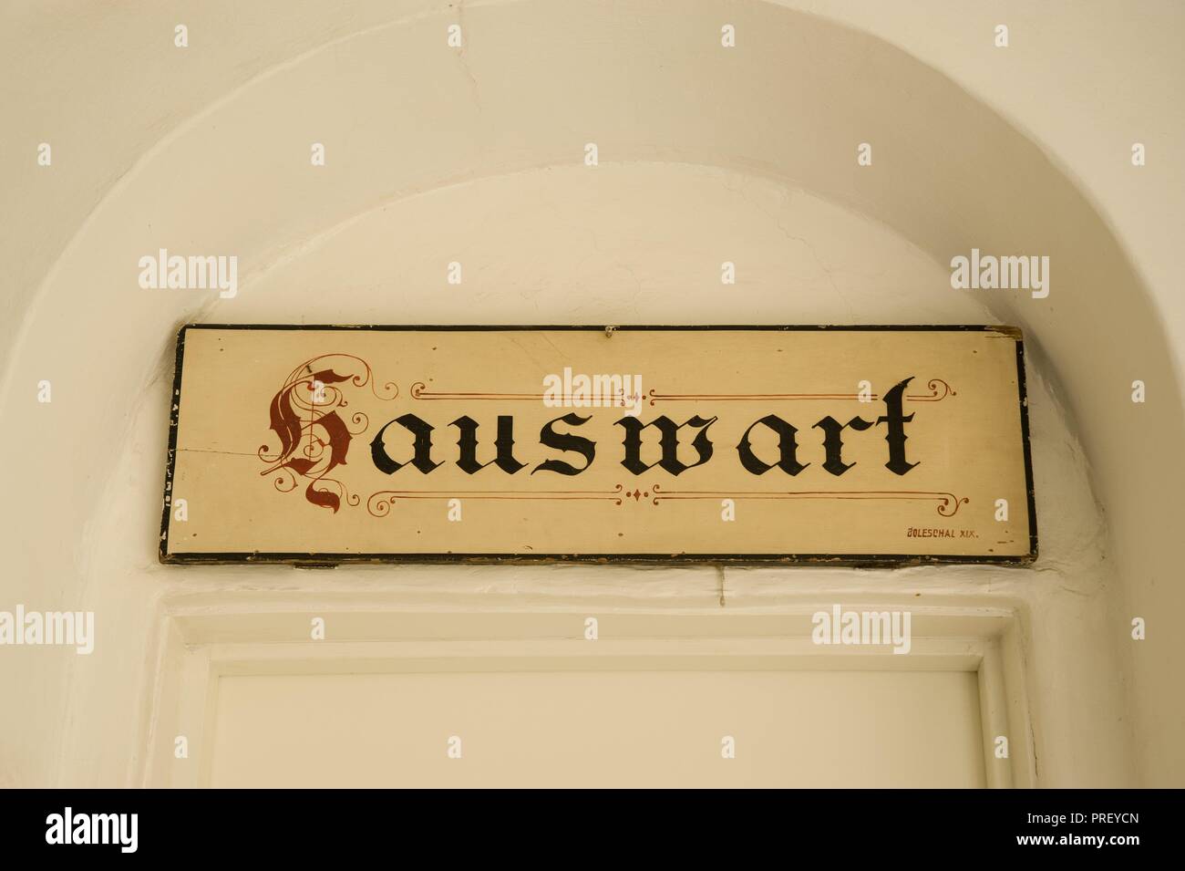 Wien, Blutgasse, Schild Hauswart - Wien, Blutgasse Stockfoto
