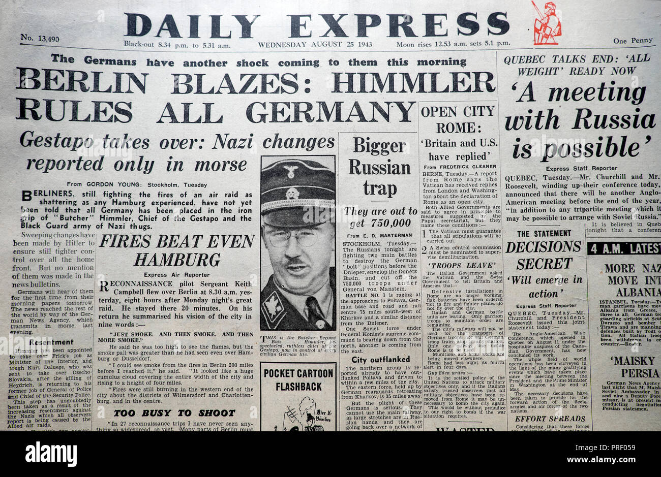 Second World war WWII Daily Express Zeitung 'Berlin Blazes: Himmler regiert ganz Deutschland' London England UK August 25 1943 vintage Archiv Großbritannien Stockfoto