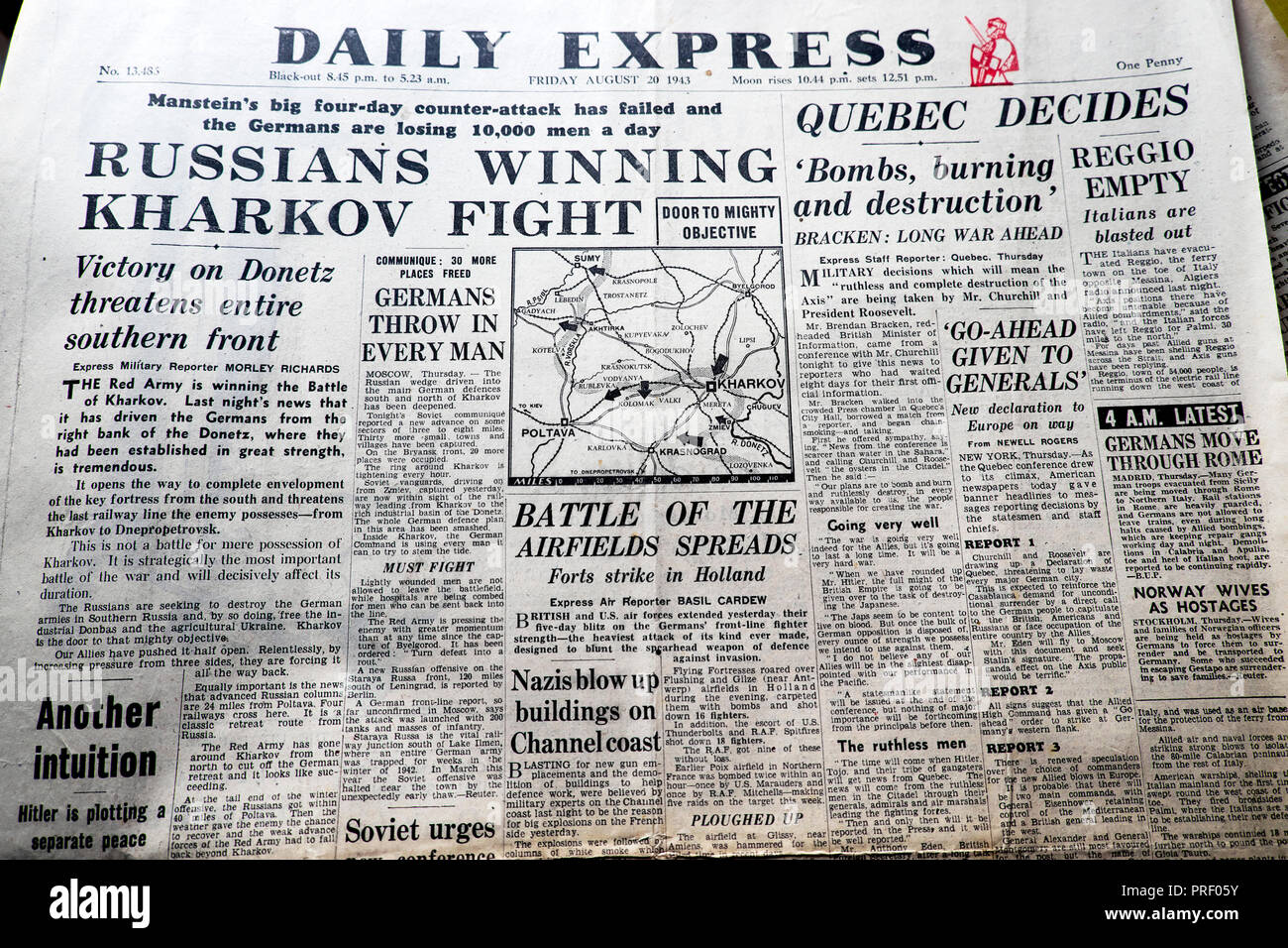 "Russen gewinnen Kharkov Kämpfen" Titelseite Schlagzeilen der Daily Express Zeitung August 20 1943 London UK Historische Archiv Stockfoto