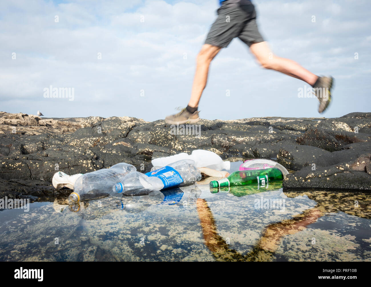 Low Angle View von Jogger an Plastikflaschen in Küsten Strand rockpool, Stockfoto