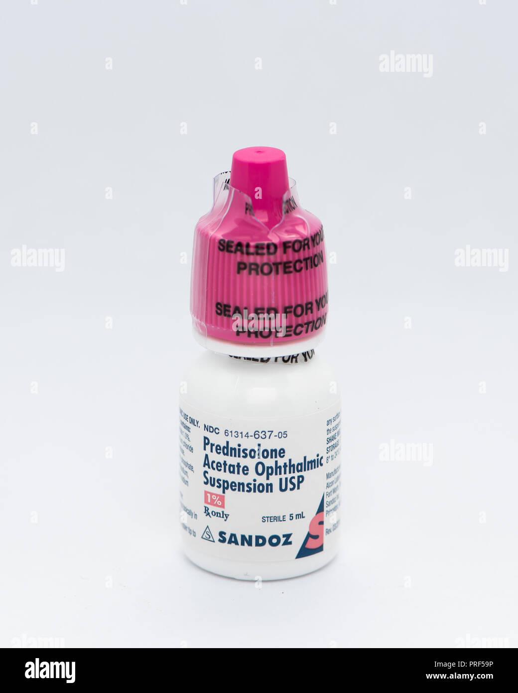 Rezept Flasche Prednisolone Acetate Anwendungsweg Suspension zur Behandlung von Augenentzündungen. Stockfoto