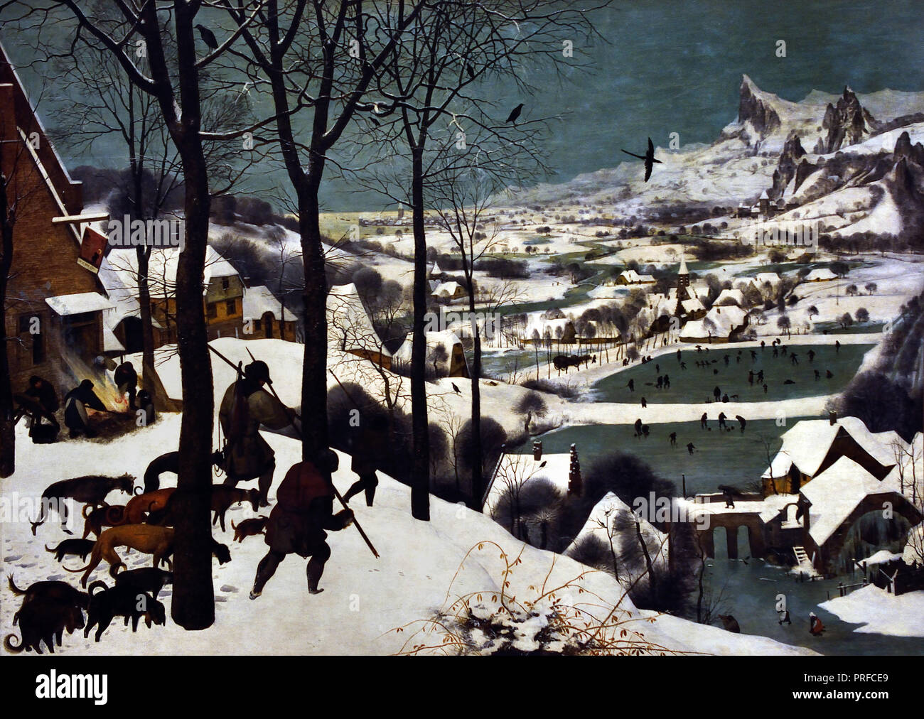 Jäger im Schnee (Winter) 1565 von Pieter Bruegel (auch Brueghel der Ältere (1525-1530) - 1569) war der bedeutendste Künstler der Niederländischen und Flämischen Renaissance Maler, Belgien, belgische, niederländische, der in den Niederlanden. Stockfoto