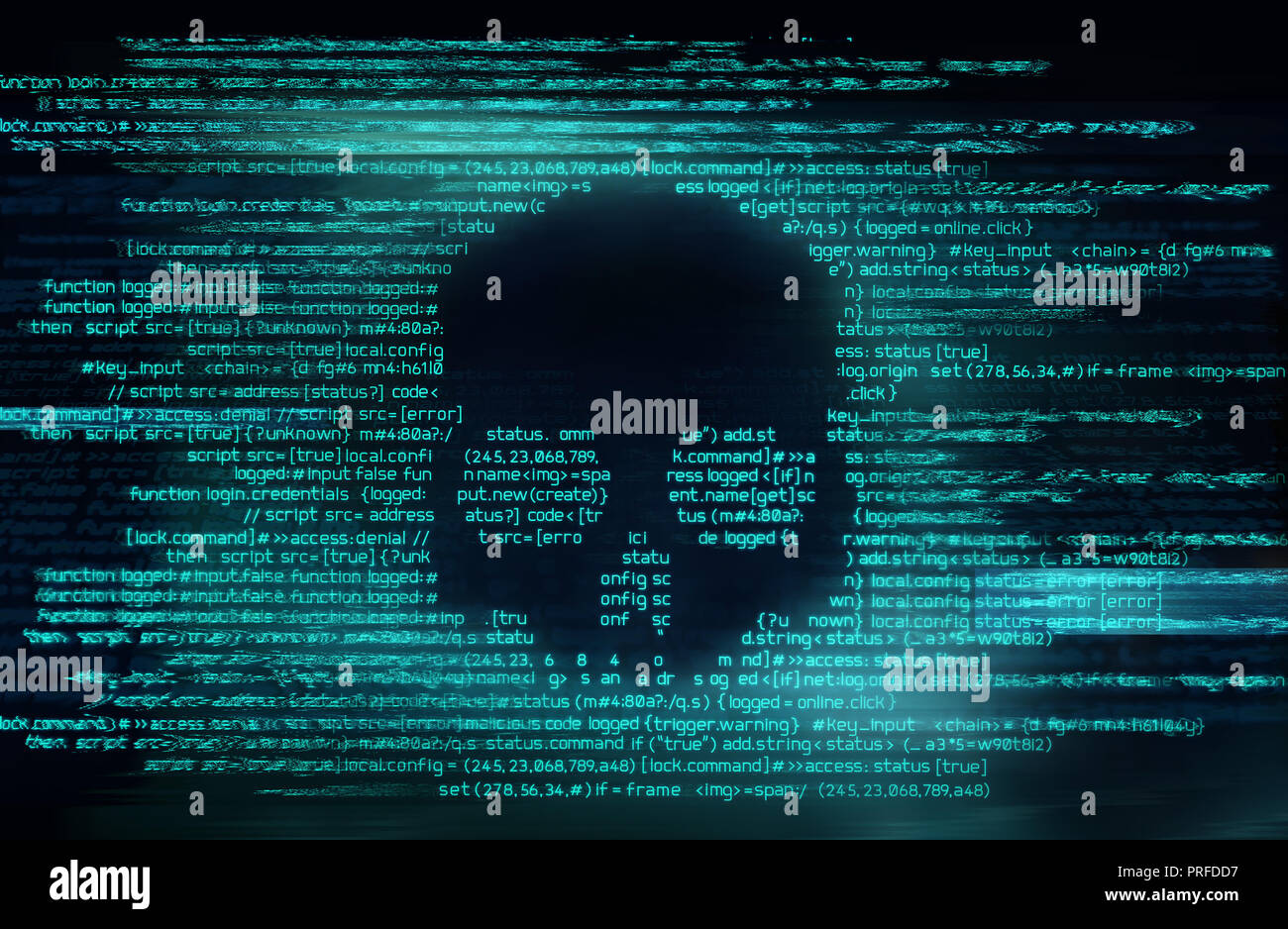 Böswillige computer Programmierung Code in Form eines Schädels. Online scam, Hacking und Digitale Kriminalität Hintergrund 3D Illustration Stockfoto