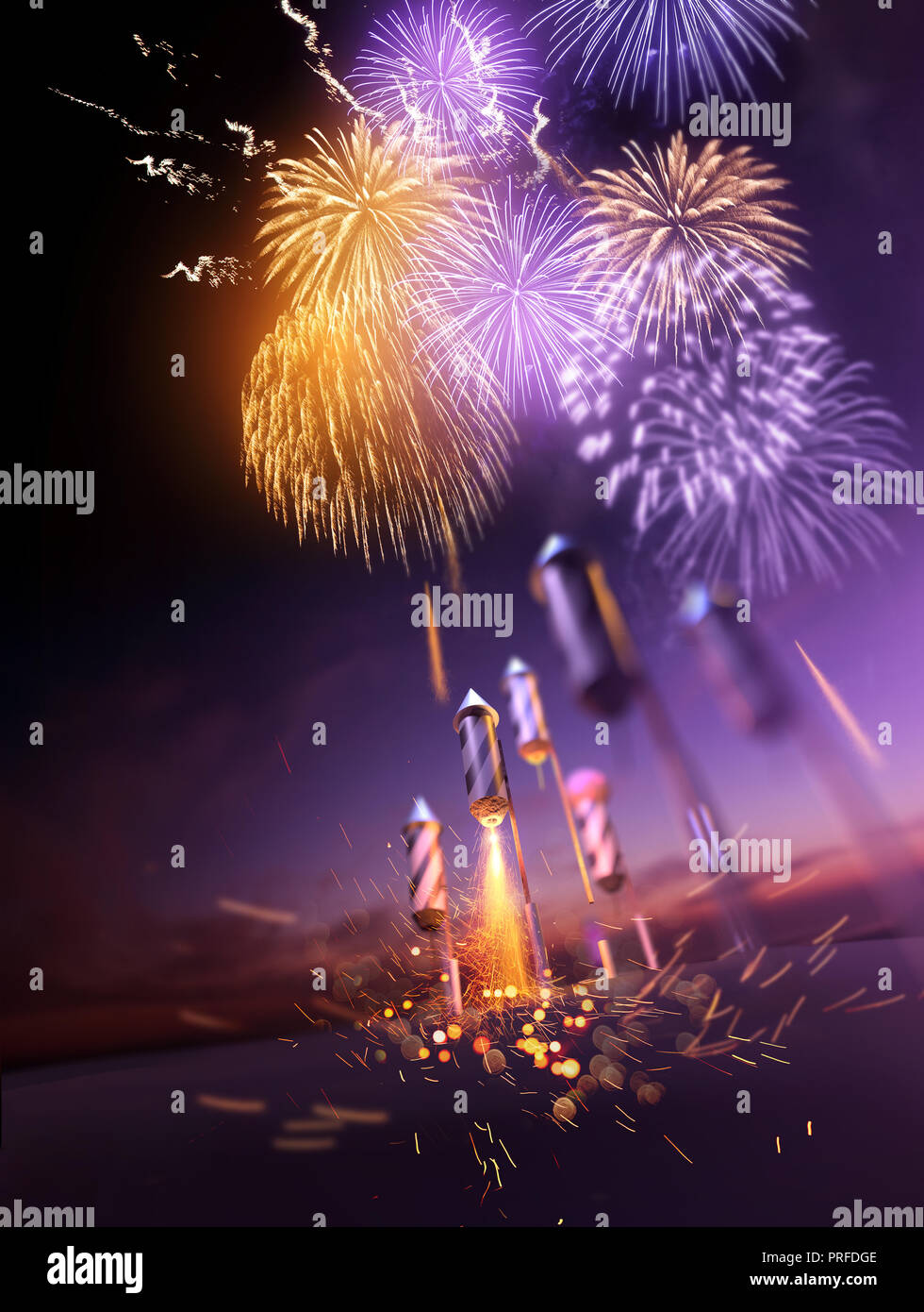 Feuerwerk Raketen fliegen in die Luft und Bersten in Gold, Orange und Lila bricht das Aufleuchten des Nachthimmels. Feier Anzeige Hintergrund. 3D-Kranke Stockfoto