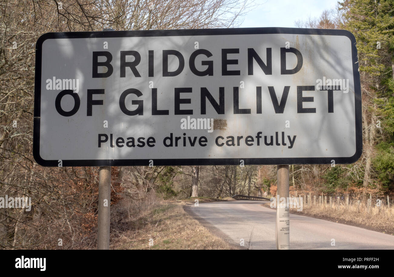In Bridgend von Glenlivet Schild, Ballindalloch, Moray, Schottland, UK Willkommen Stockfoto