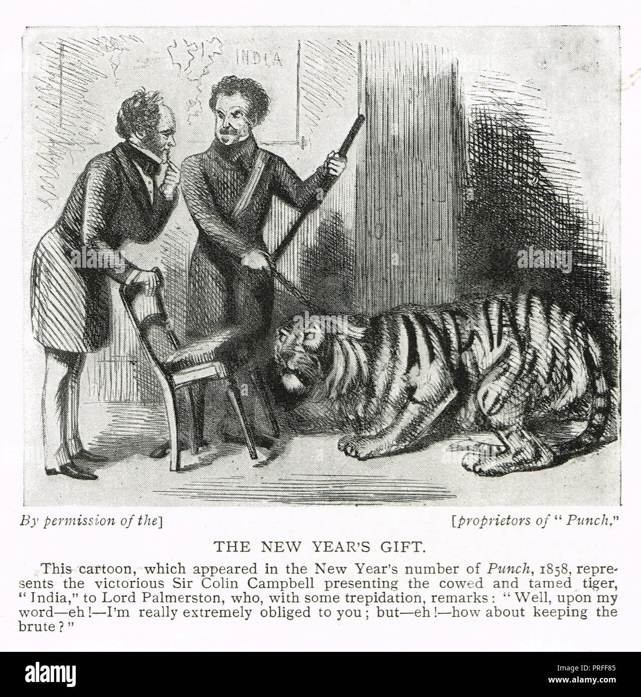 Punch cartoon mit, mit Lord Palmerston, Sir Colin Campbell, Referenzieren der Sepoy Meuterei von 1857, das Geschenk des neuen Jahres berechtigt, Indien wird von einem eingeschüchtert Tiger vertreten Stockfoto