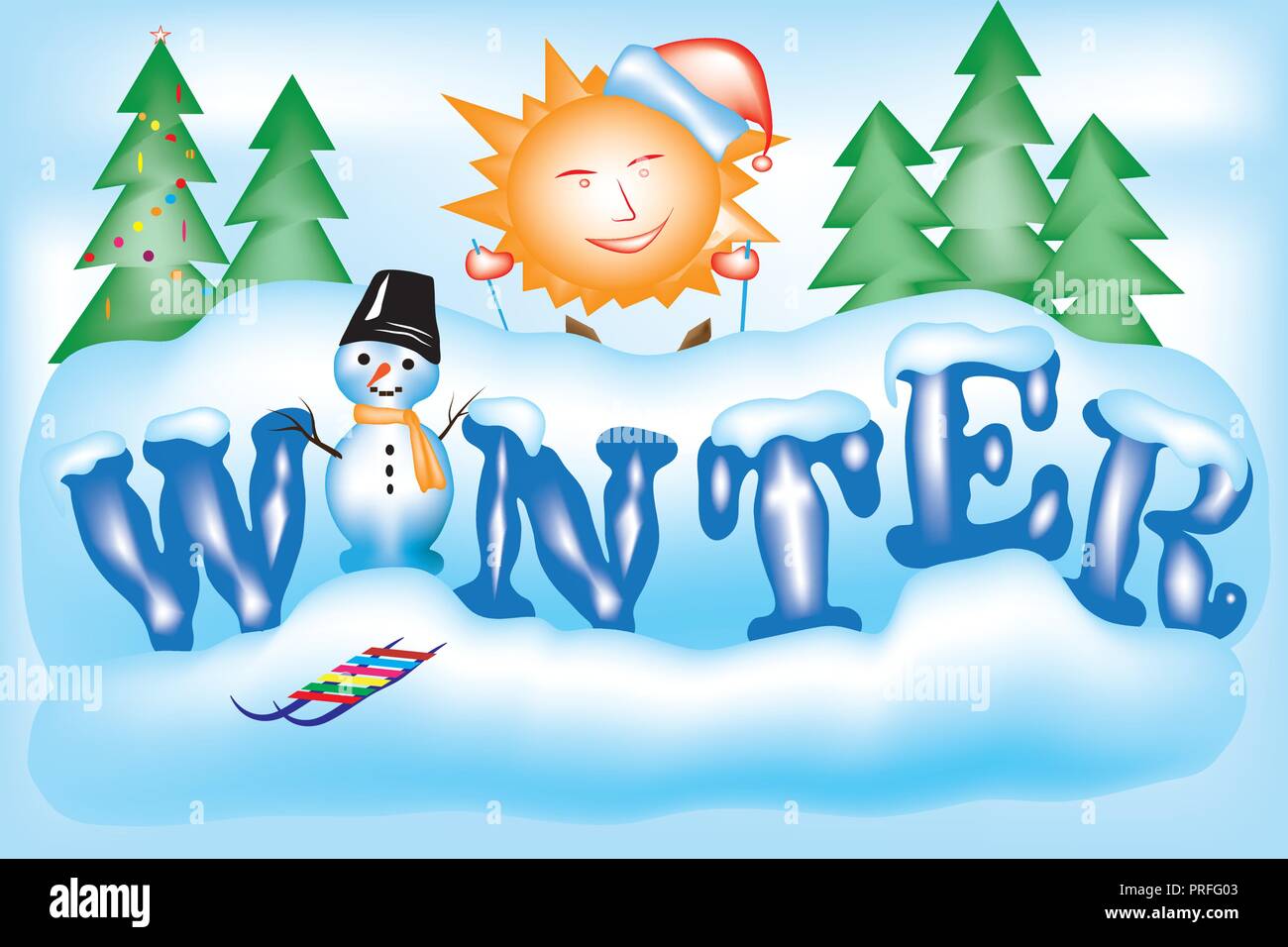Vector Illustration mit Szene gezeichnet Winterlandschaft Stock Vektor