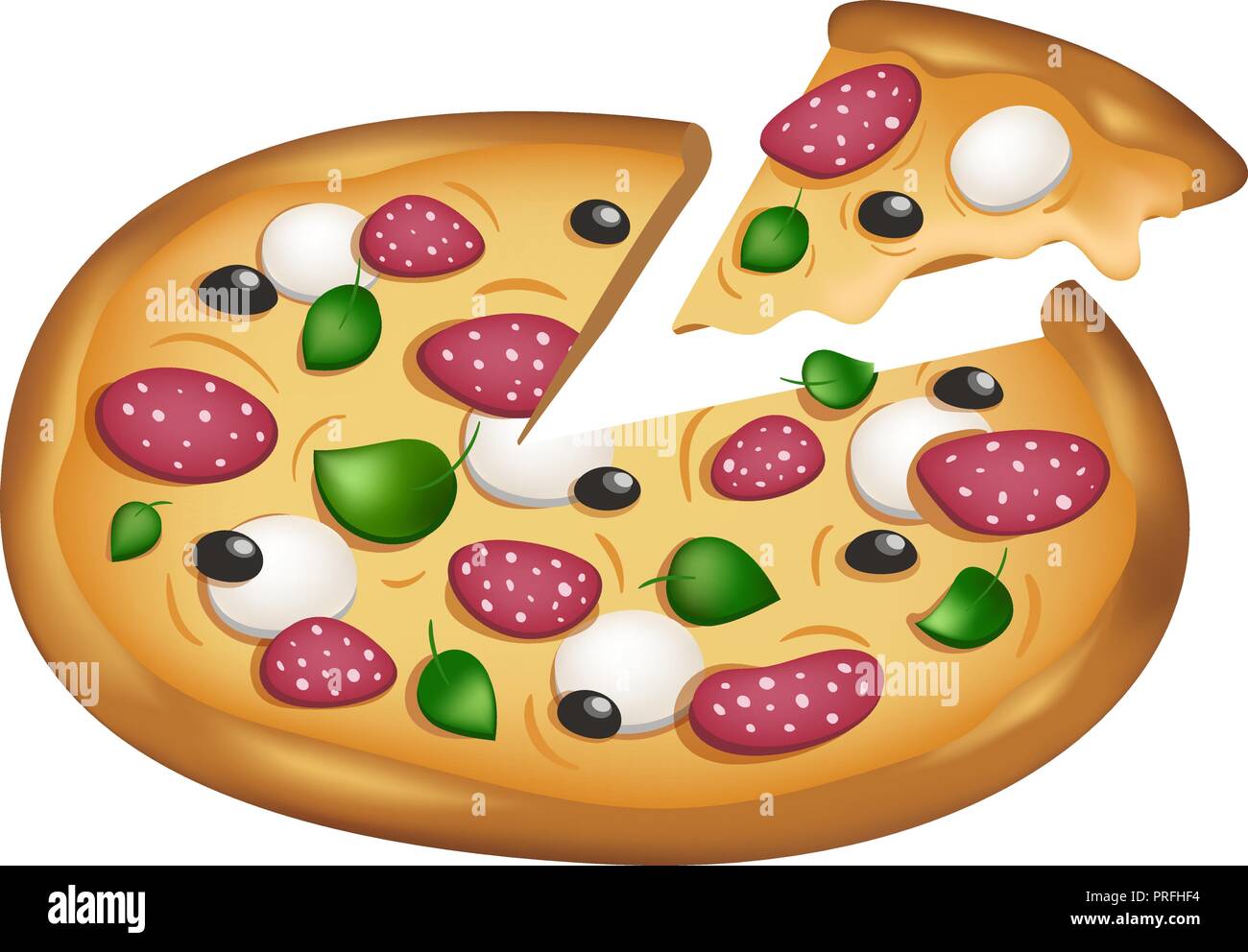 Vector Illustration. Geschnetzeltes italienische Pizza mit Salami und Mozzarella und Oliven, isoliert auf Weiss. Stock Vektor